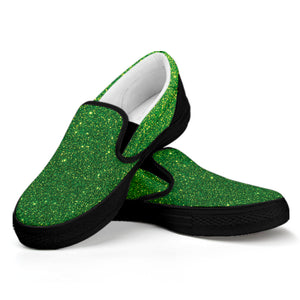 Shamrock Green Glitter Texture Print Black Slip On Shoes