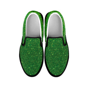 Shamrock Green Glitter Texture Print Black Slip On Shoes