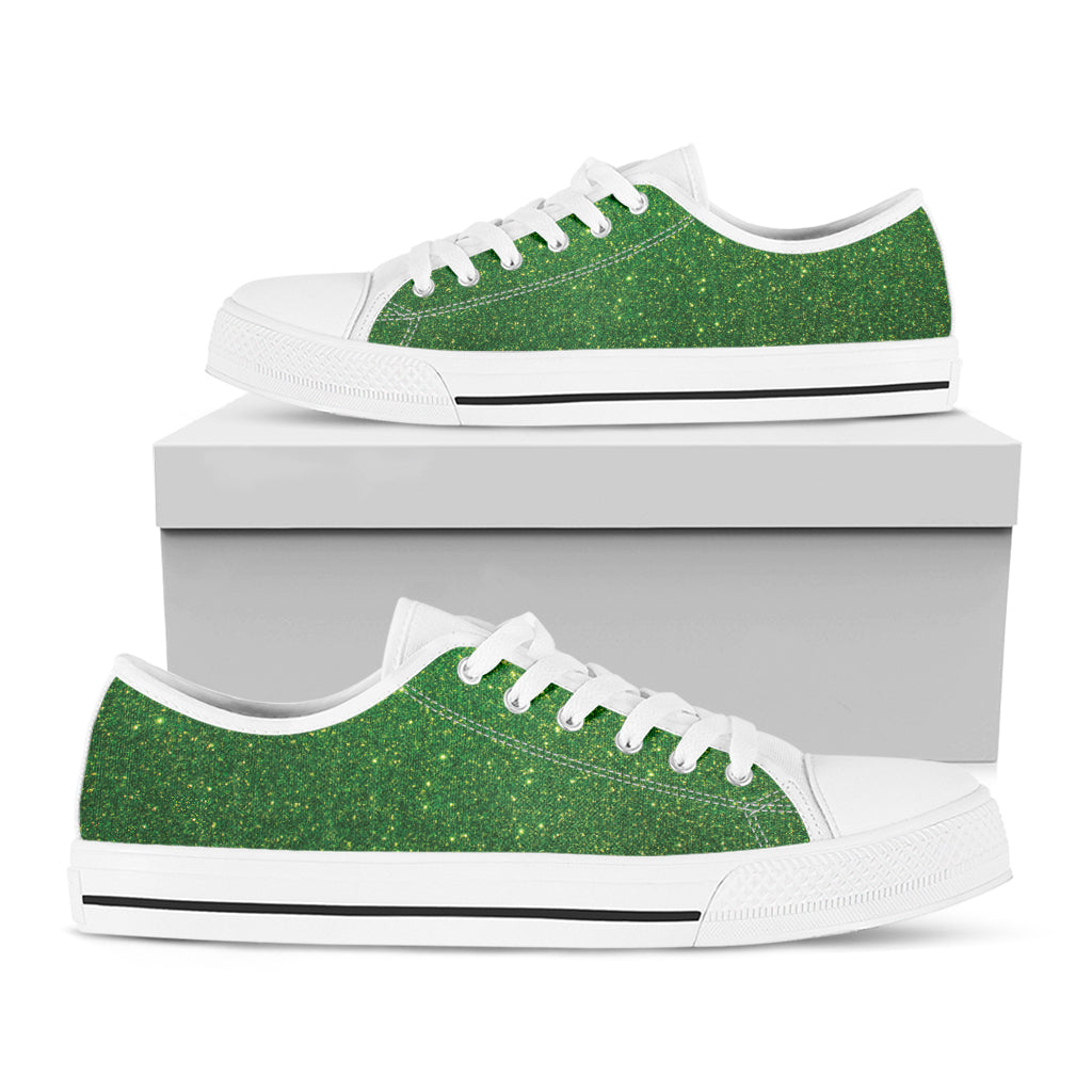 Shamrock Green Glitter Texture Print White Low Top Shoes