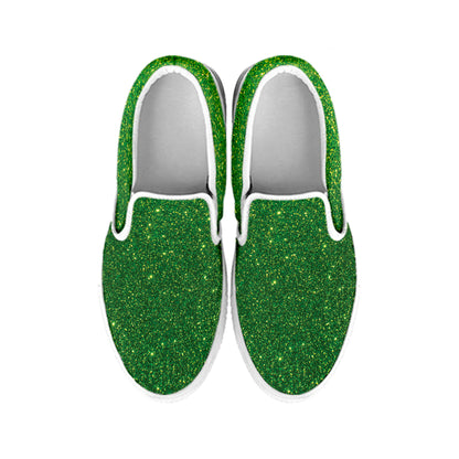 Shamrock Green Glitter Texture Print White Slip On Shoes