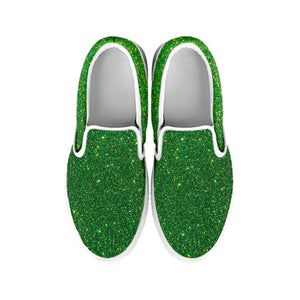 Shamrock Green Glitter Texture Print White Slip On Shoes