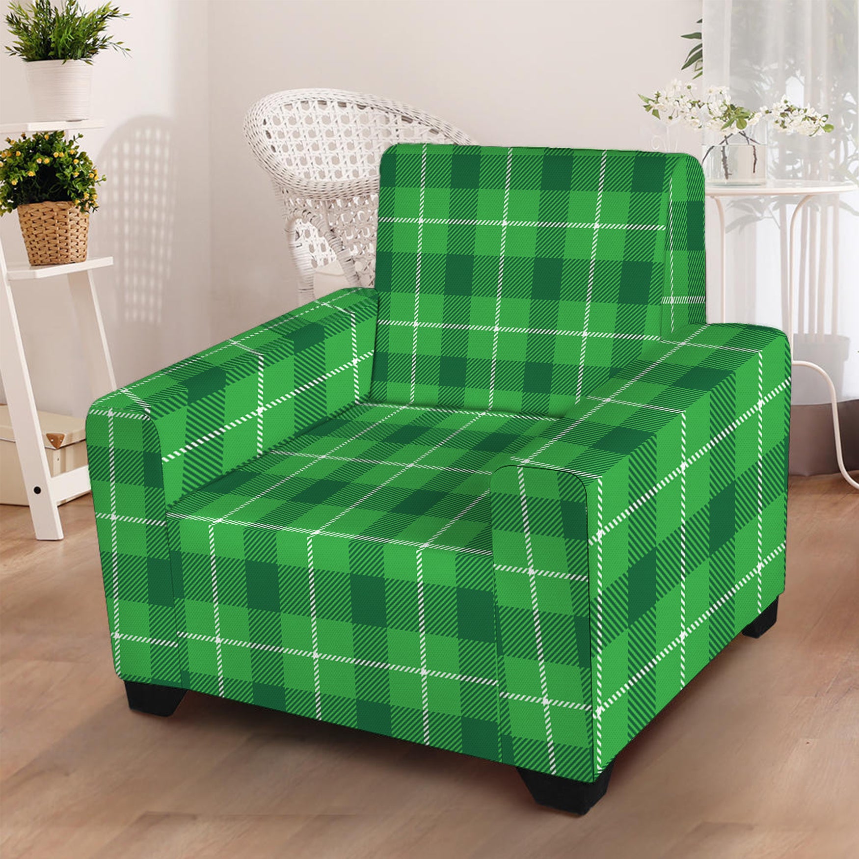 Shamrock Green Plaid Pattern Print Armchair Slipcover