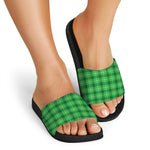 Shamrock Green Plaid Pattern Print Black Slide Sandals