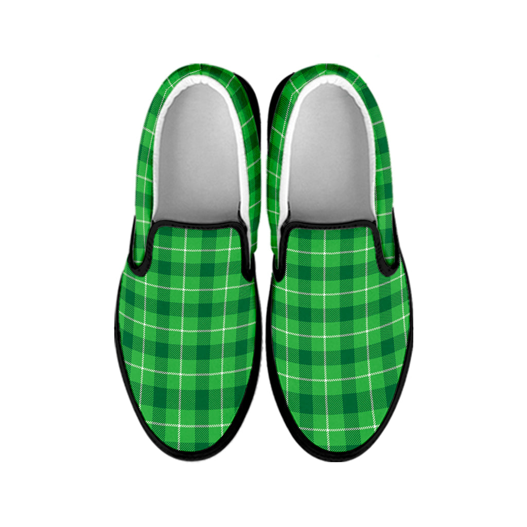 Shamrock Green Plaid Pattern Print Black Slip On Shoes