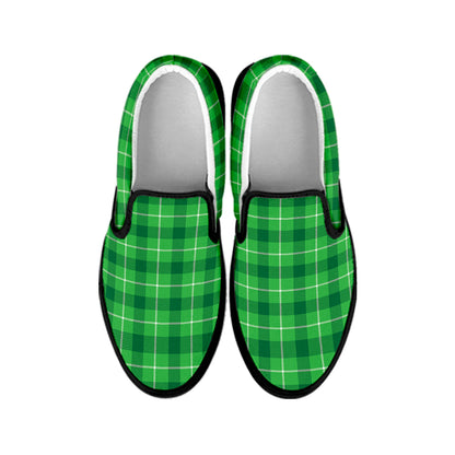 Shamrock Green Plaid Pattern Print Black Slip On Shoes