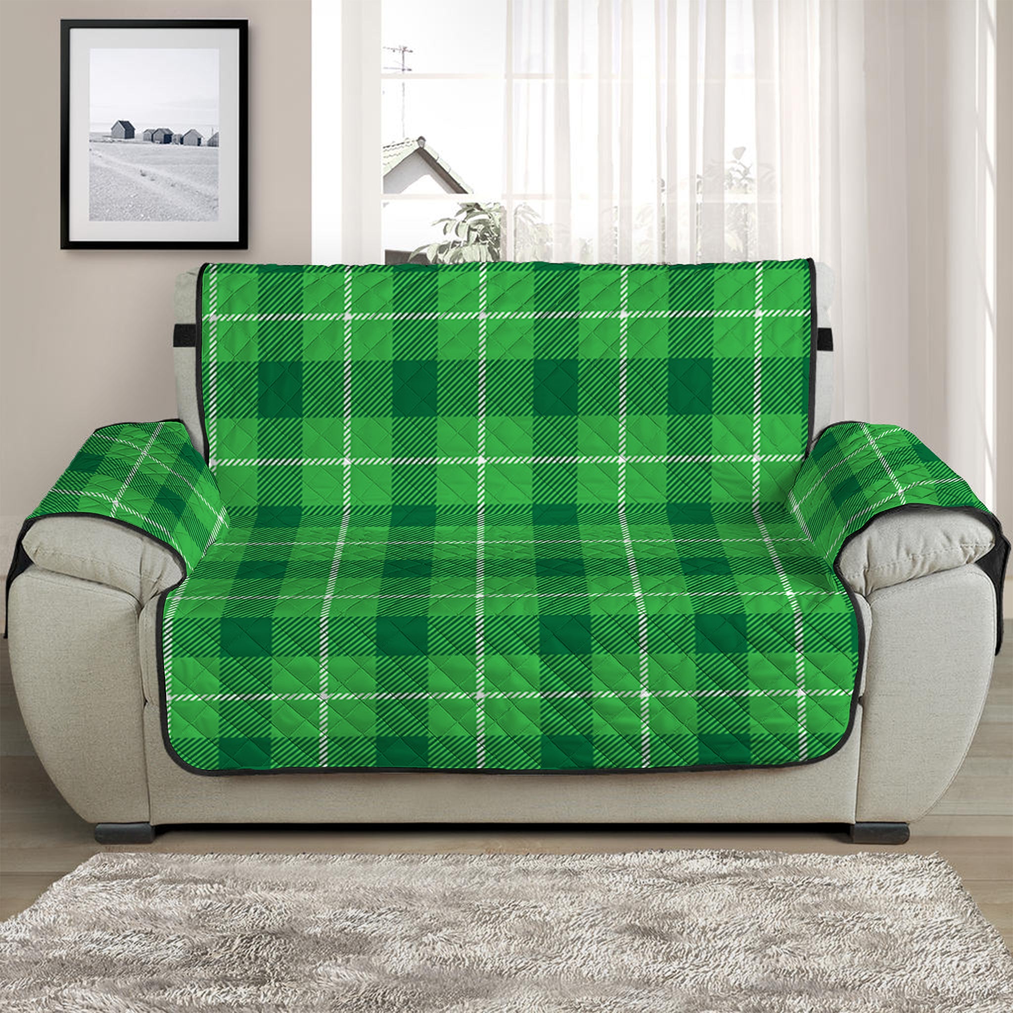 Shamrock Green Plaid Pattern Print Half Sofa Protector