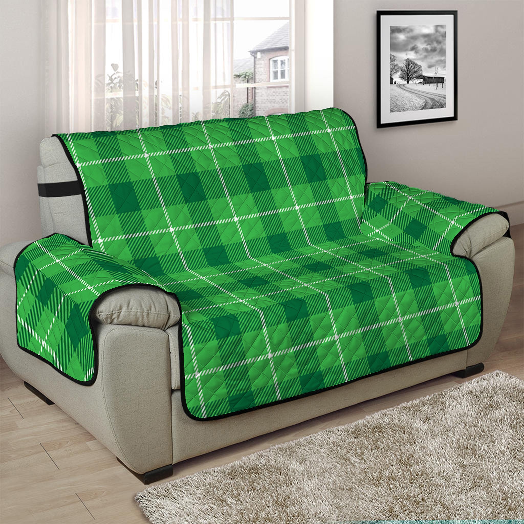 Shamrock Green Plaid Pattern Print Half Sofa Protector