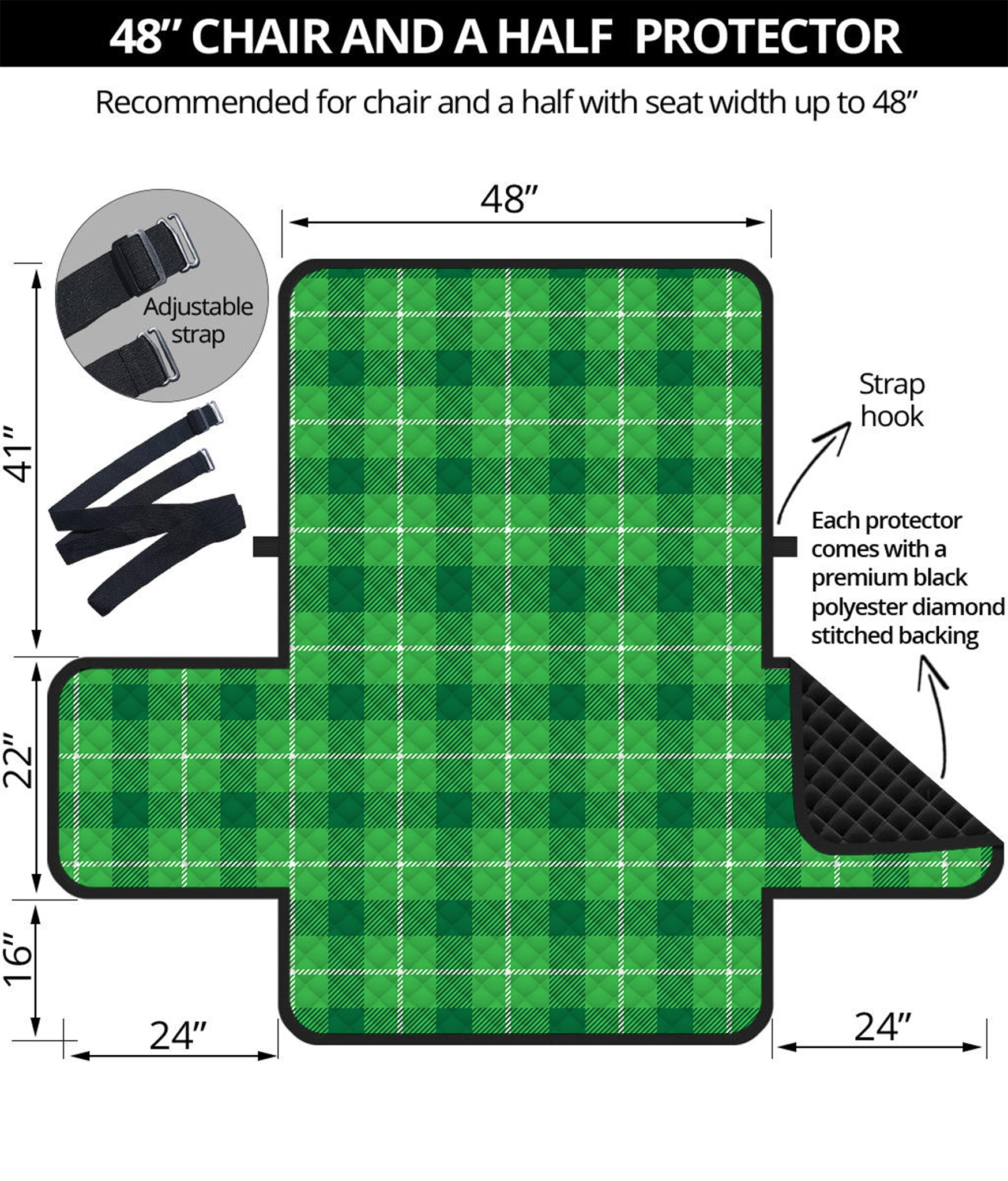 Shamrock Green Plaid Pattern Print Half Sofa Protector