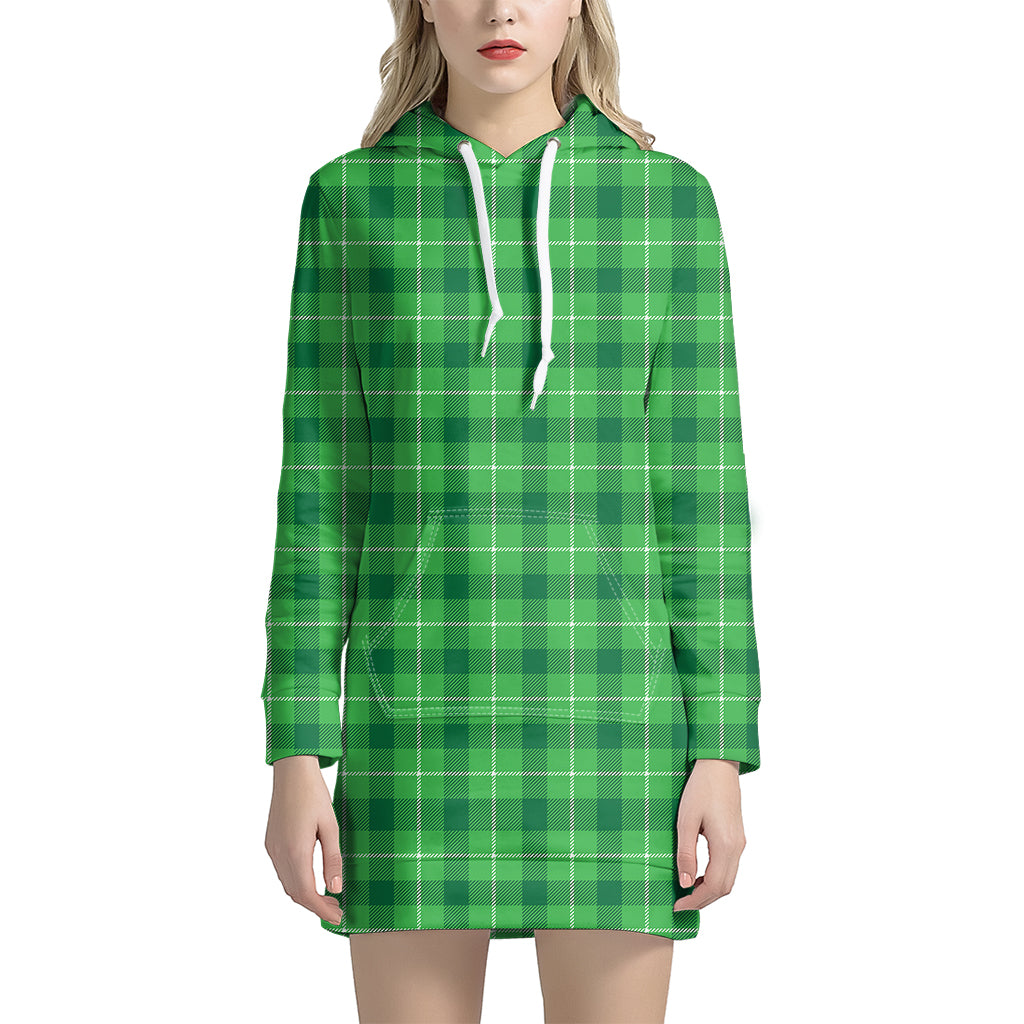 Shamrock Green Plaid Pattern Print Hoodie Dress