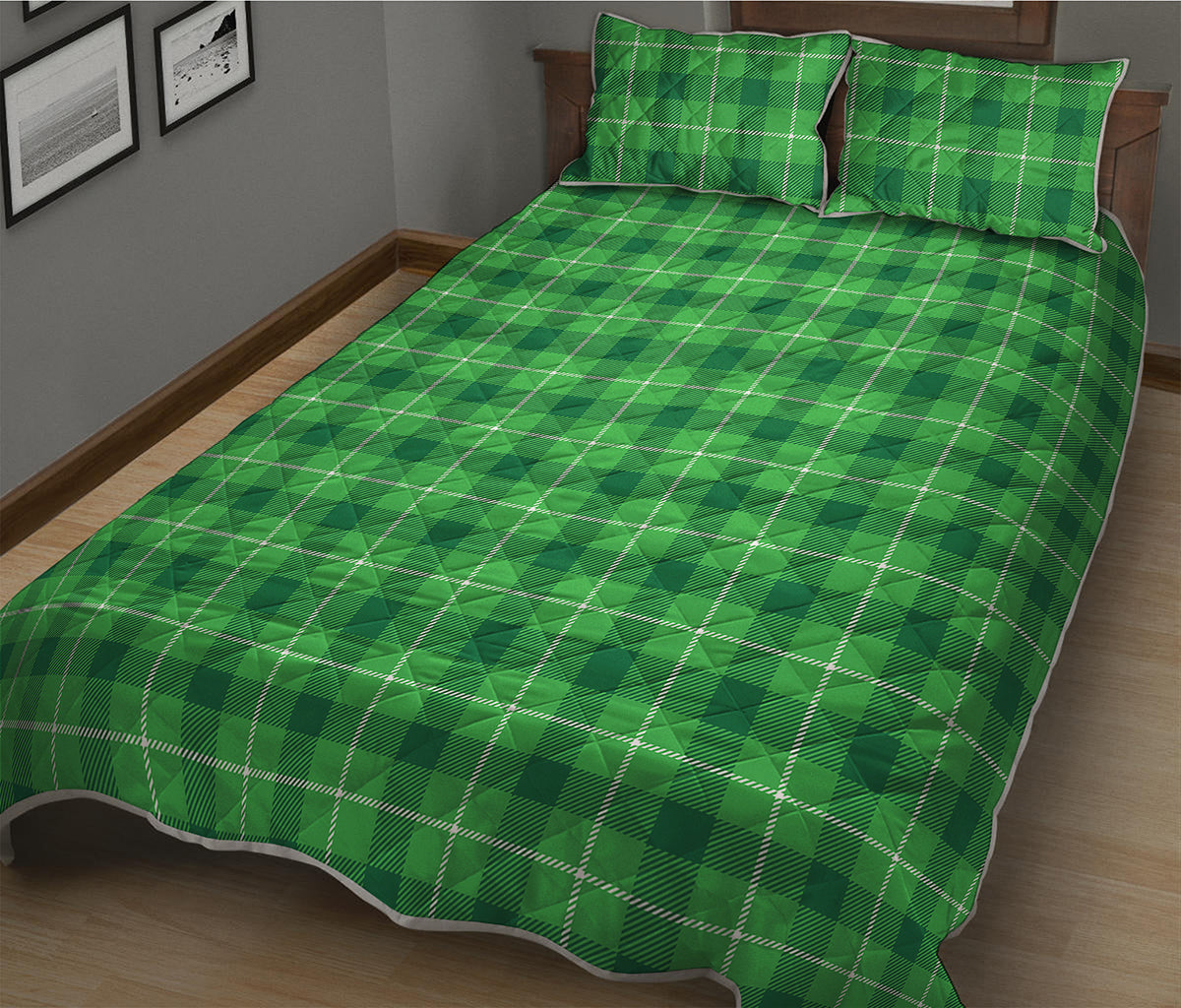 Shamrock Green Plaid Pattern Print Quilt Bed Set