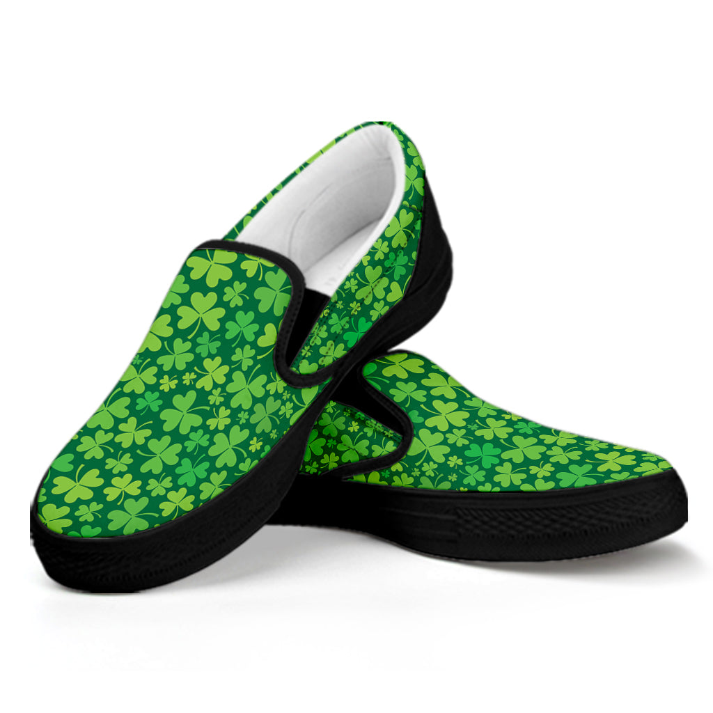 Shamrock Leaf St. Patrick's Day Print Black Slip On Shoes