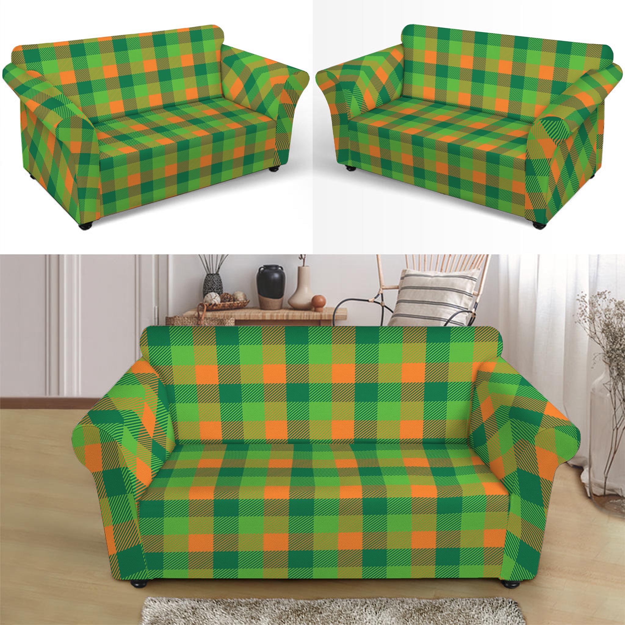 Shamrock Plaid St. Patrick's Day Print Loveseat Slipcover