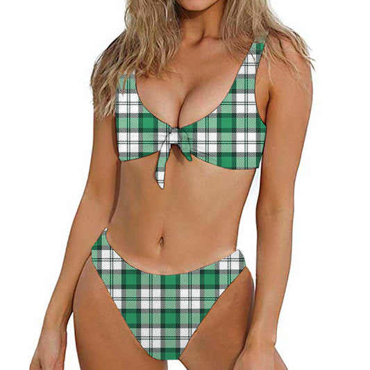 Shamrock St. Patrick's Day Tartan Print Front Bow Tie Bikini