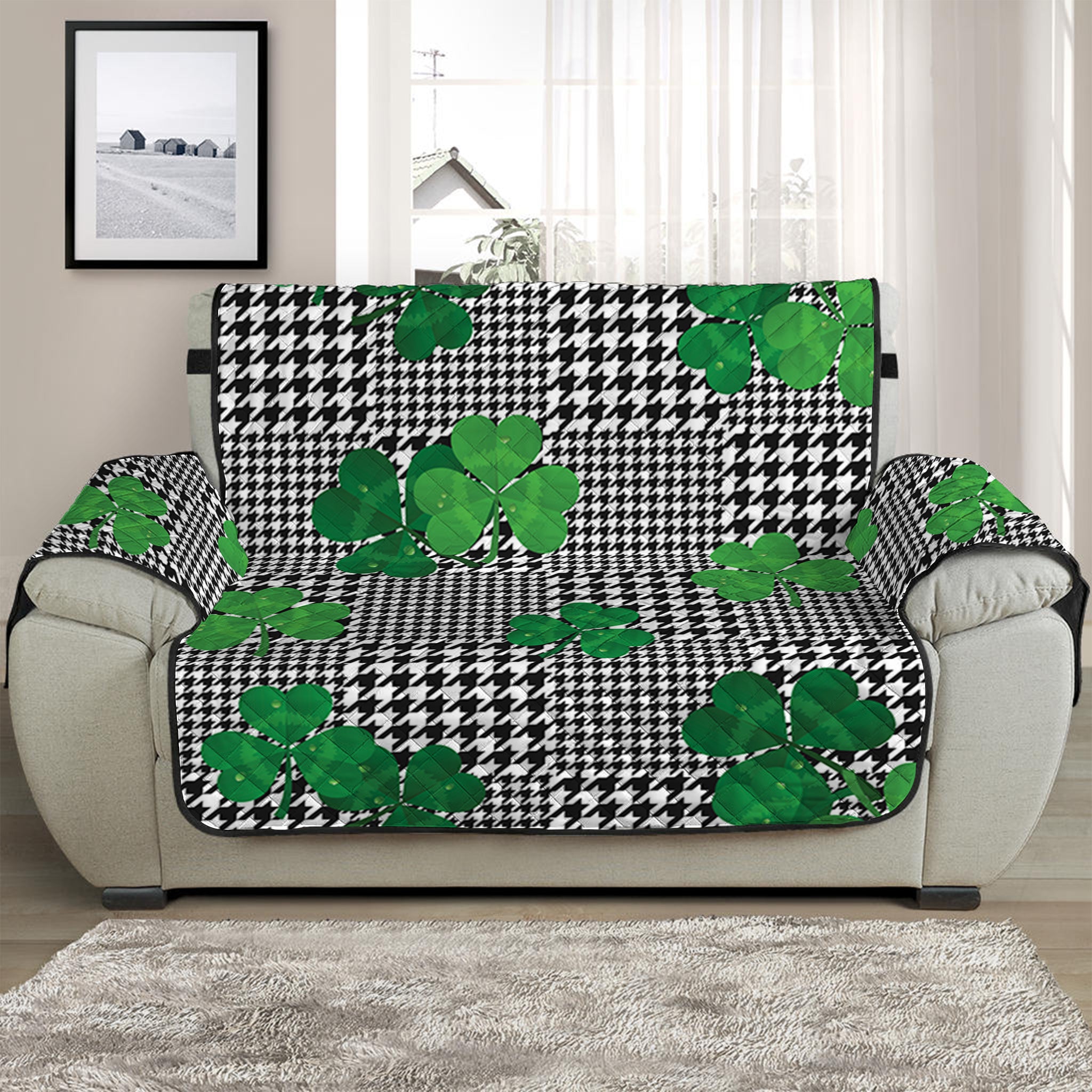 Shamrocks Houndstooth Pattern Print Half Sofa Protector