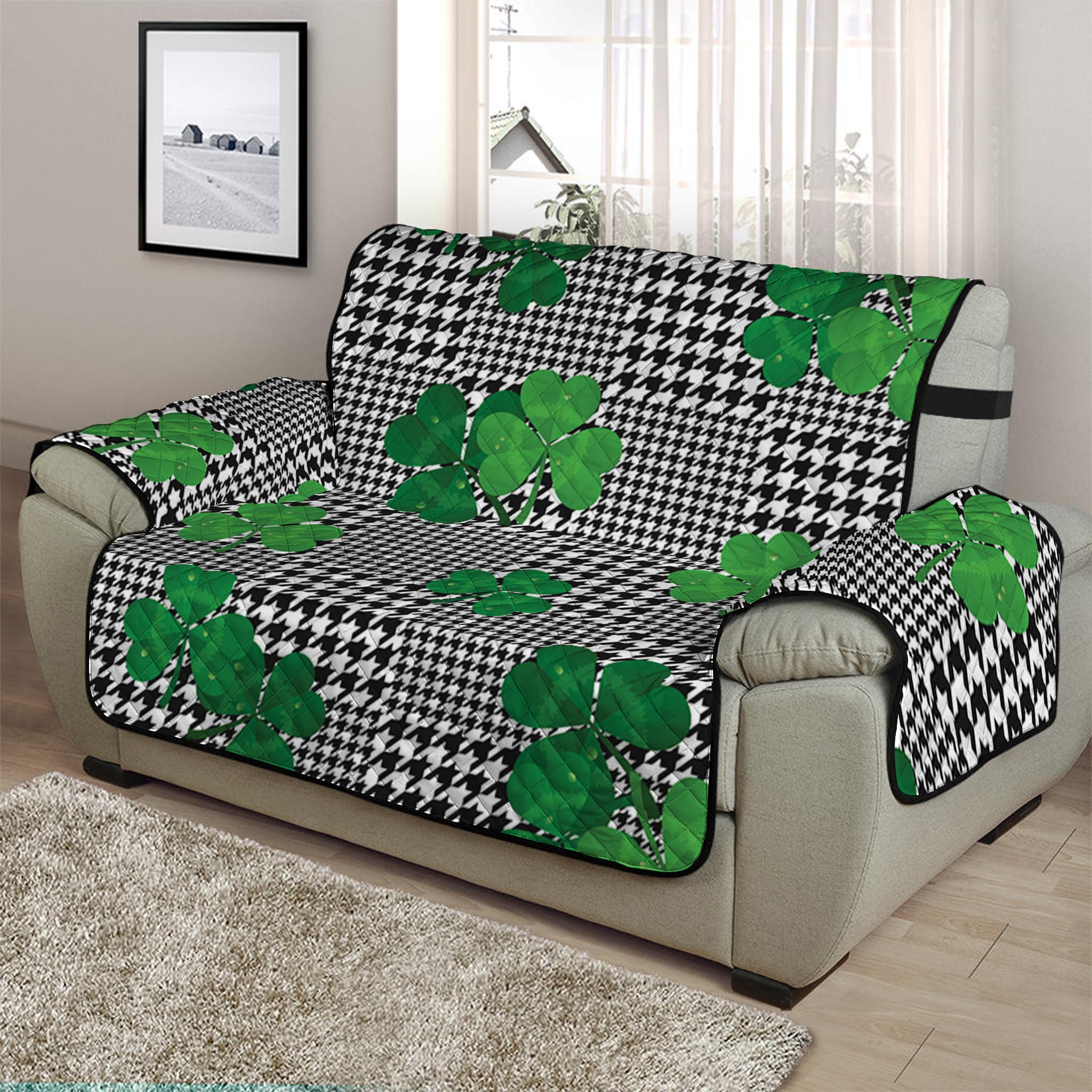 Shamrocks Houndstooth Pattern Print Half Sofa Protector