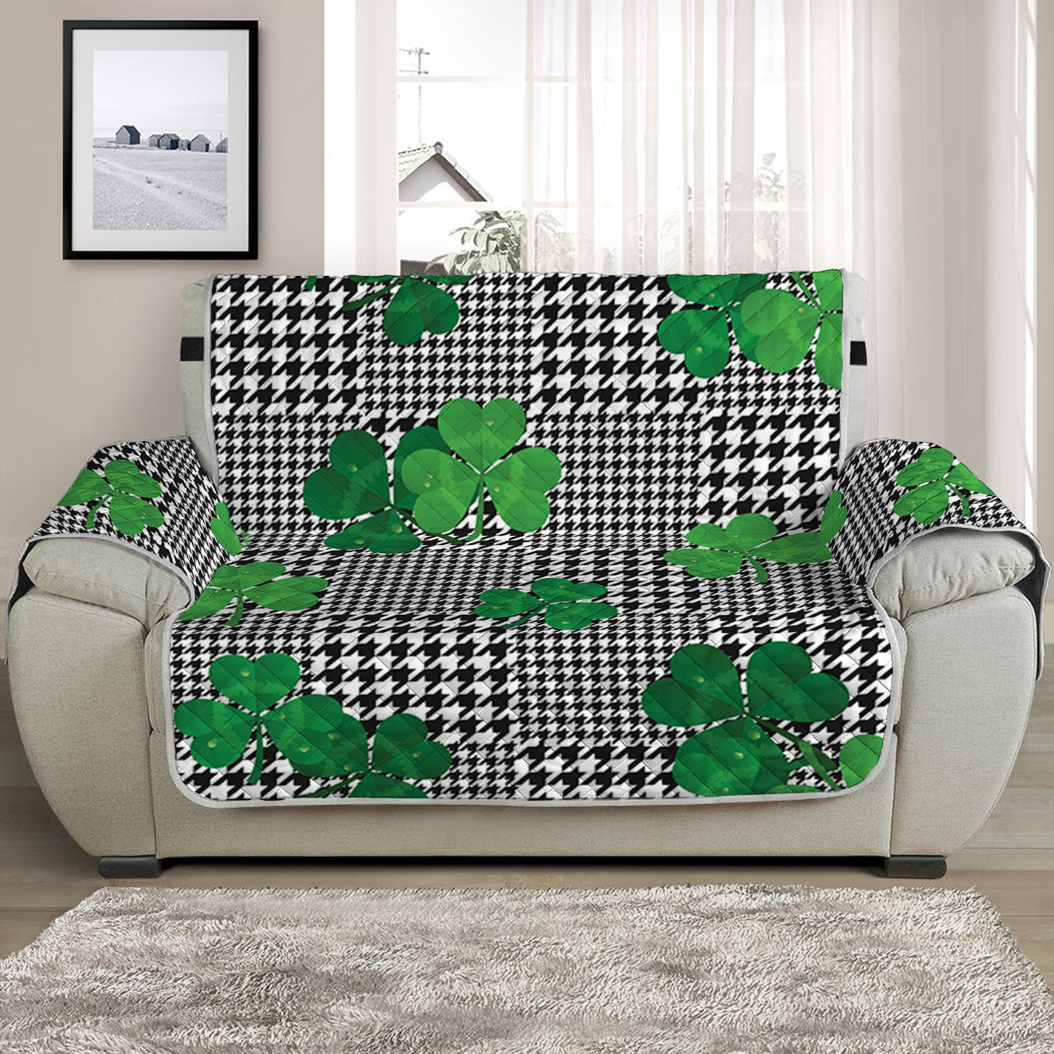 Shamrocks Houndstooth Pattern Print Half Sofa Protector