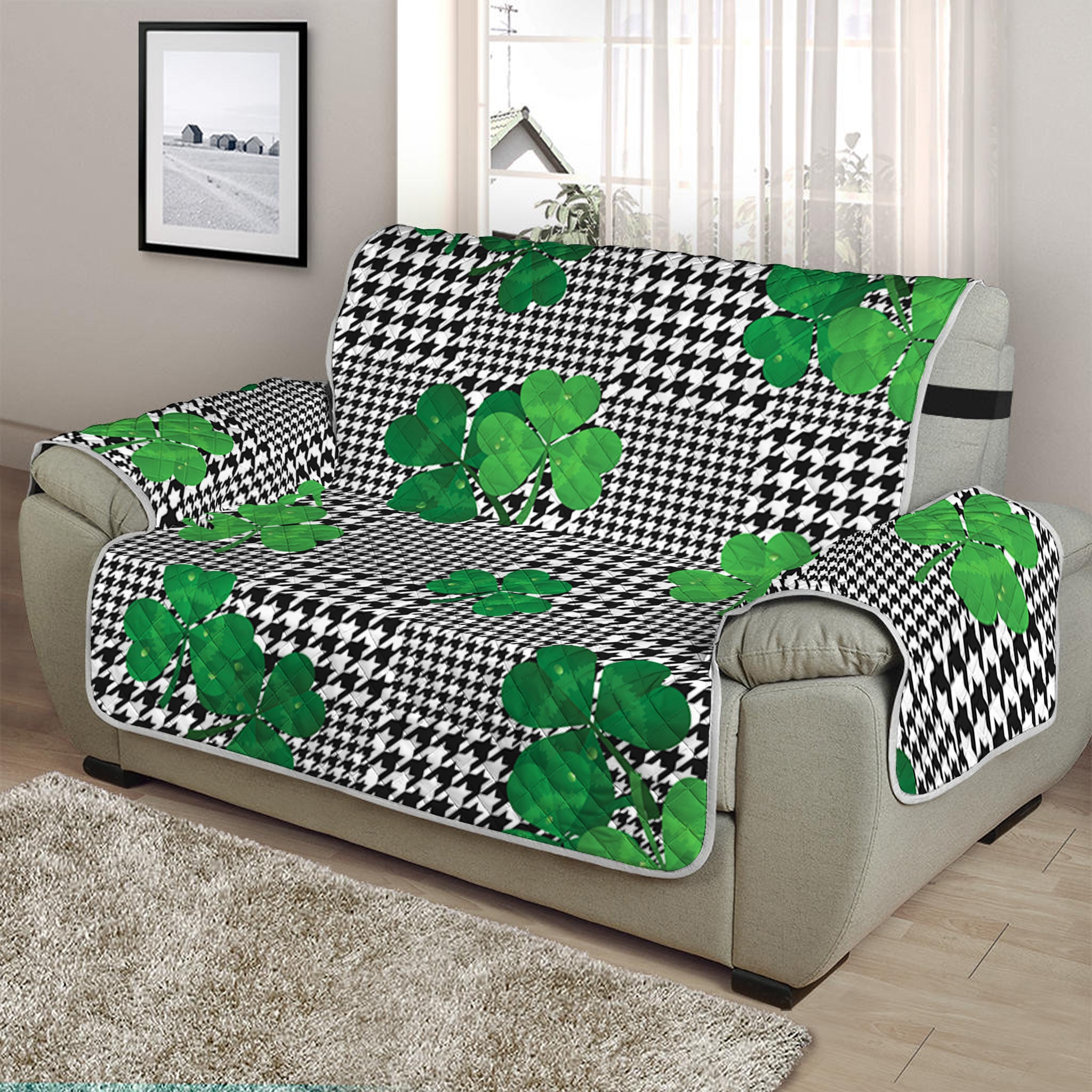 Shamrocks Houndstooth Pattern Print Half Sofa Protector