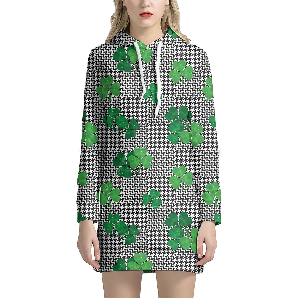 Shamrocks Houndstooth Pattern Print Hoodie Dress