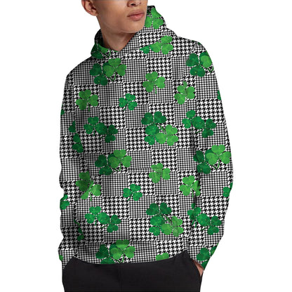 Shamrocks Houndstooth Pattern Print Pullover Hoodie