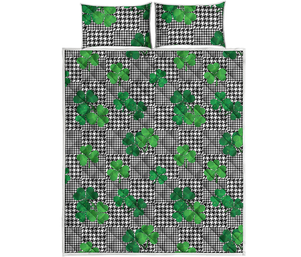 Shamrocks Houndstooth Pattern Print Quilt Bed Set