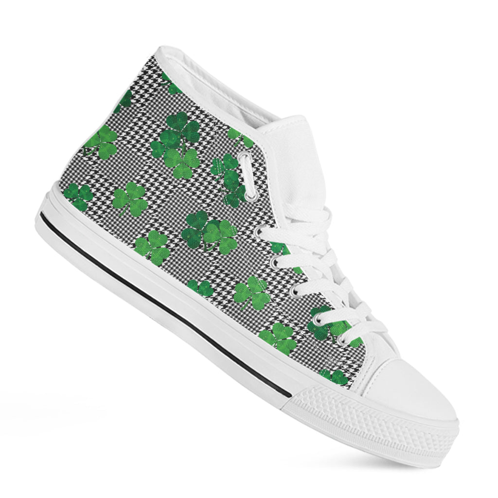 Shamrocks Houndstooth Pattern Print White High Top Shoes