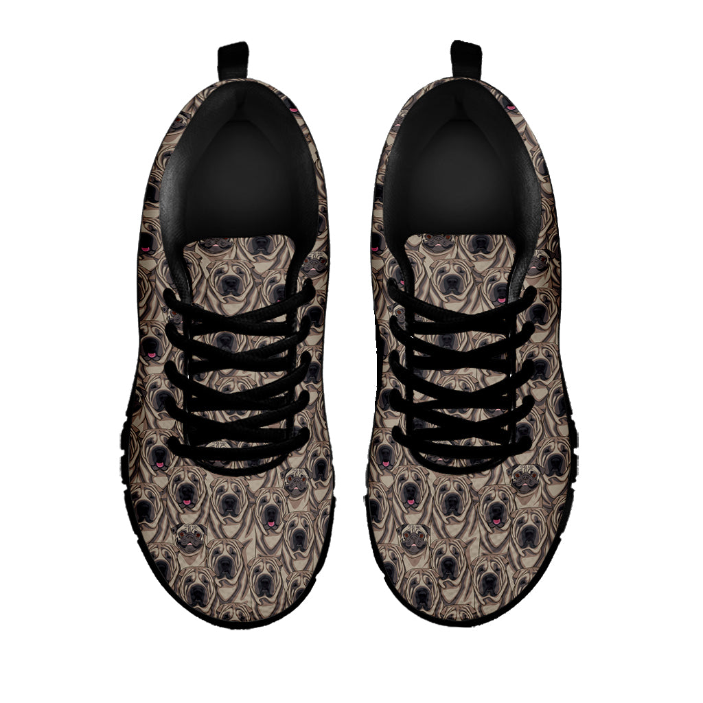 Shar Pei And Pug Pattern Print Black Sneakers