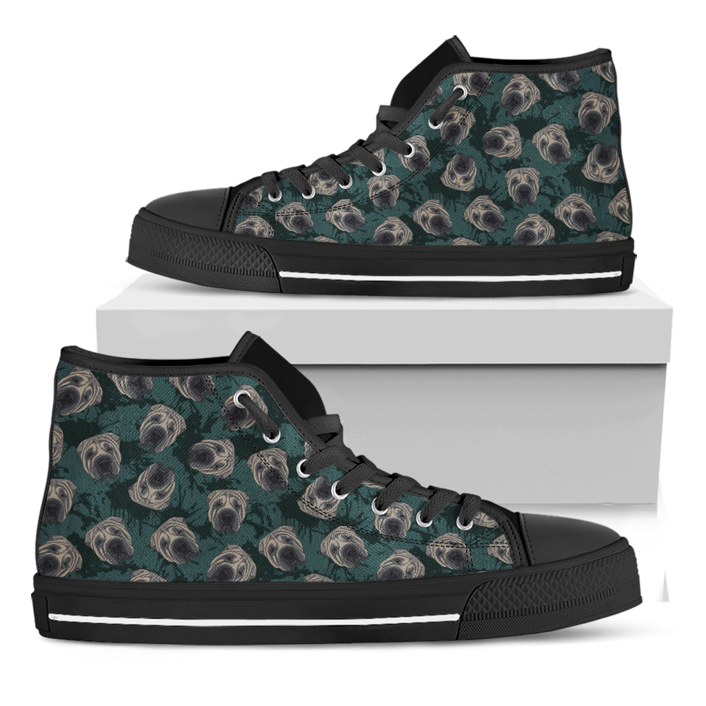 Shar Pei Face Pattern Print Black High Top Shoes