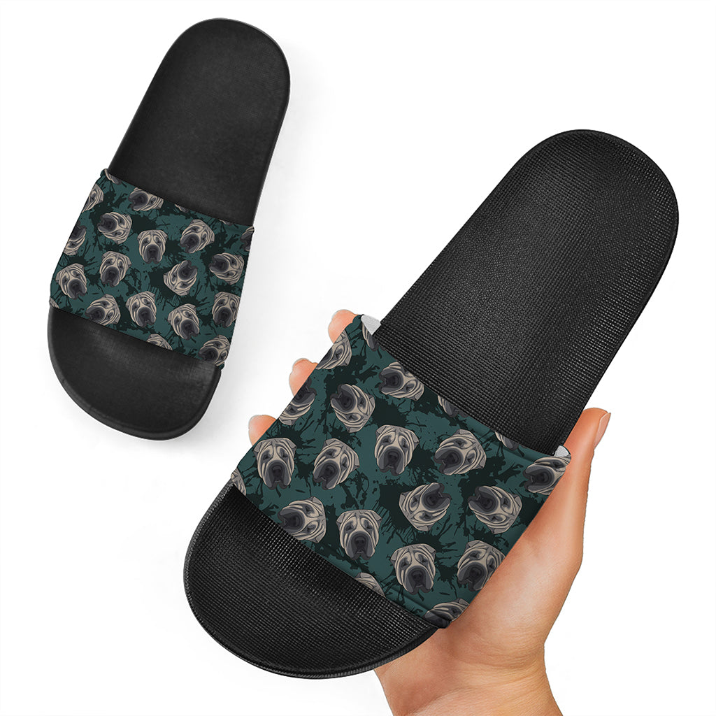 Shar Pei Face Pattern Print Black Slide Sandals