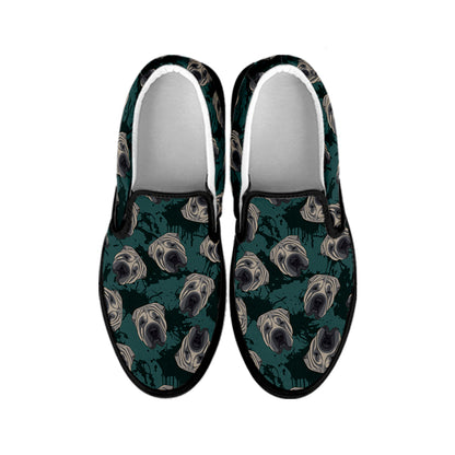 Shar Pei Face Pattern Print Black Slip On Shoes