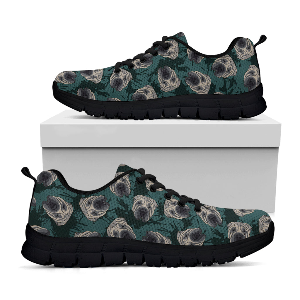 Shar Pei Face Pattern Print Black Sneakers