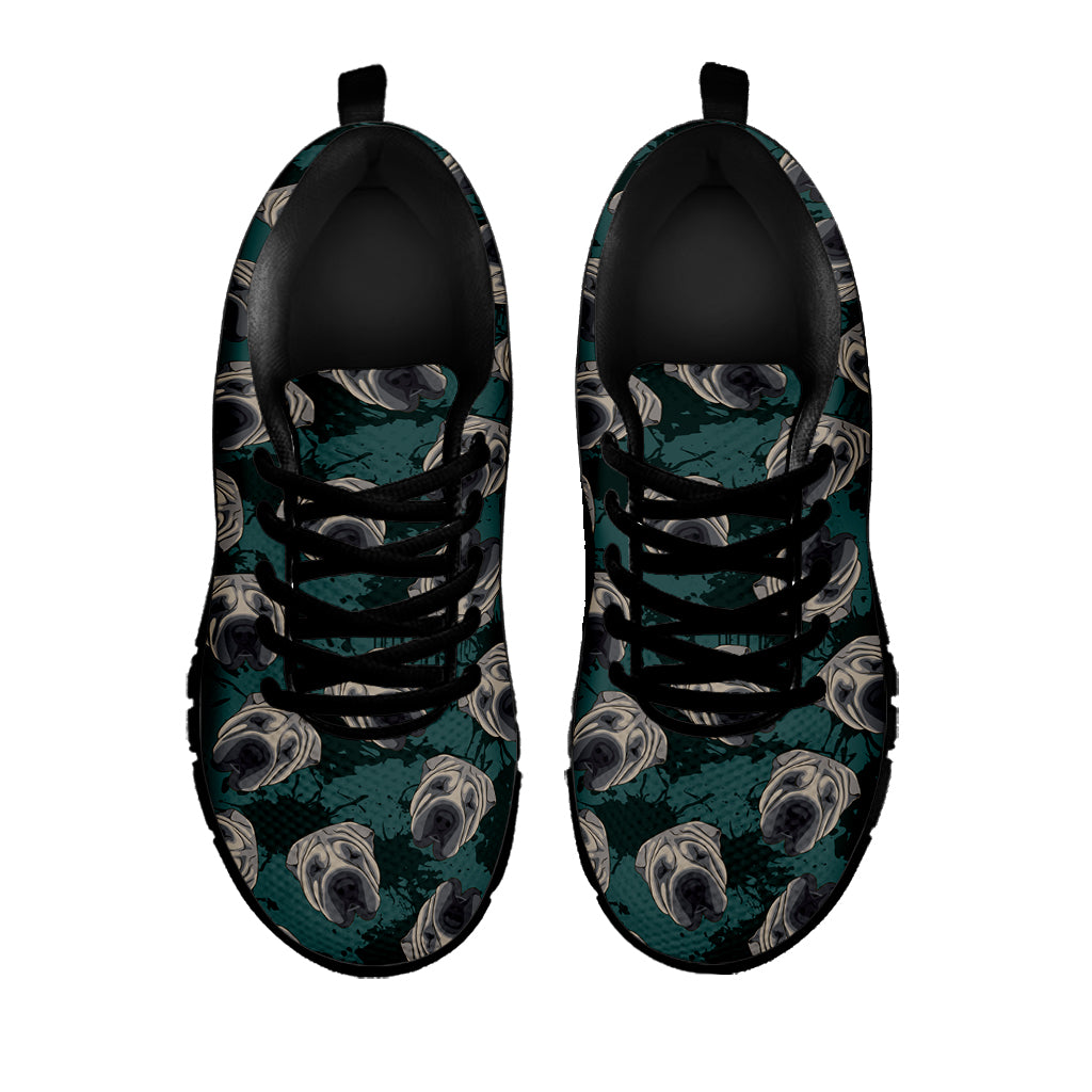 Shar Pei Face Pattern Print Black Sneakers