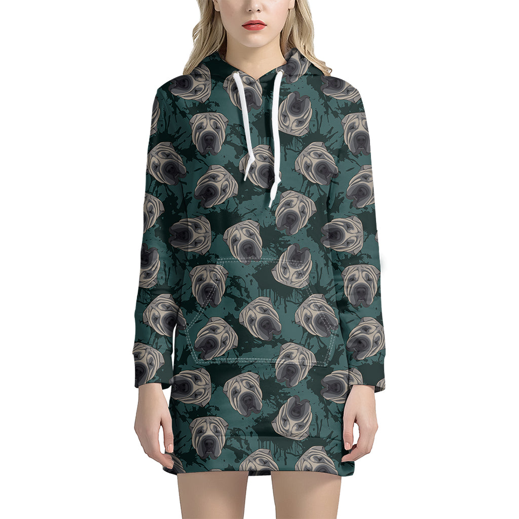 Shar Pei Face Pattern Print Hoodie Dress