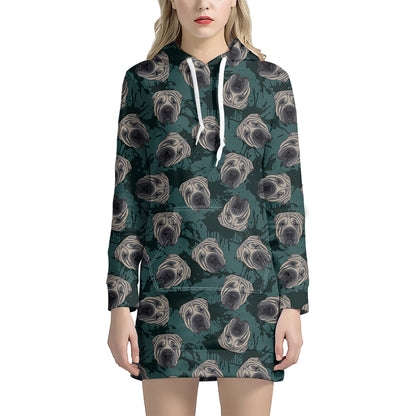 Shar Pei Face Pattern Print Hoodie Dress