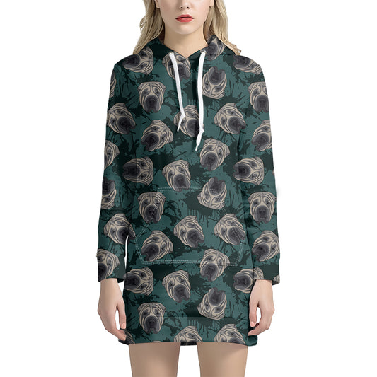 Shar Pei Face Pattern Print Hoodie Dress
