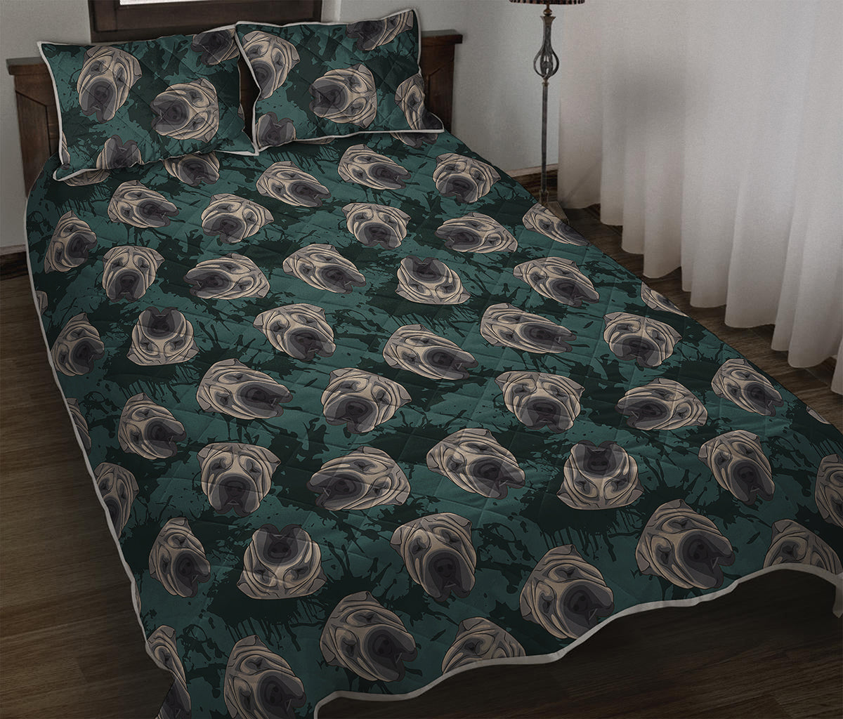 Shar Pei Face Pattern Print Quilt Bed Set