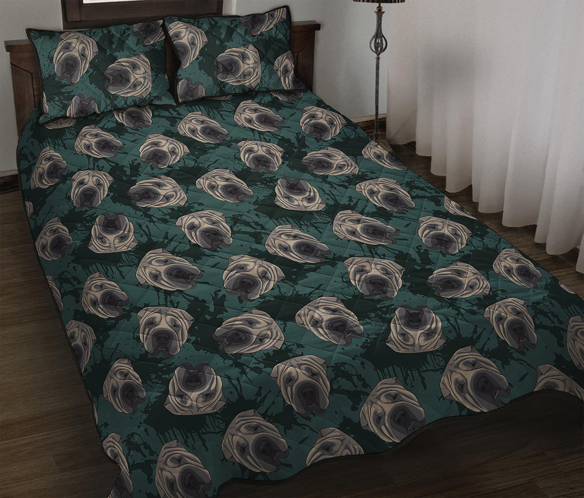 Shar Pei Face Pattern Print Quilt Bed Set