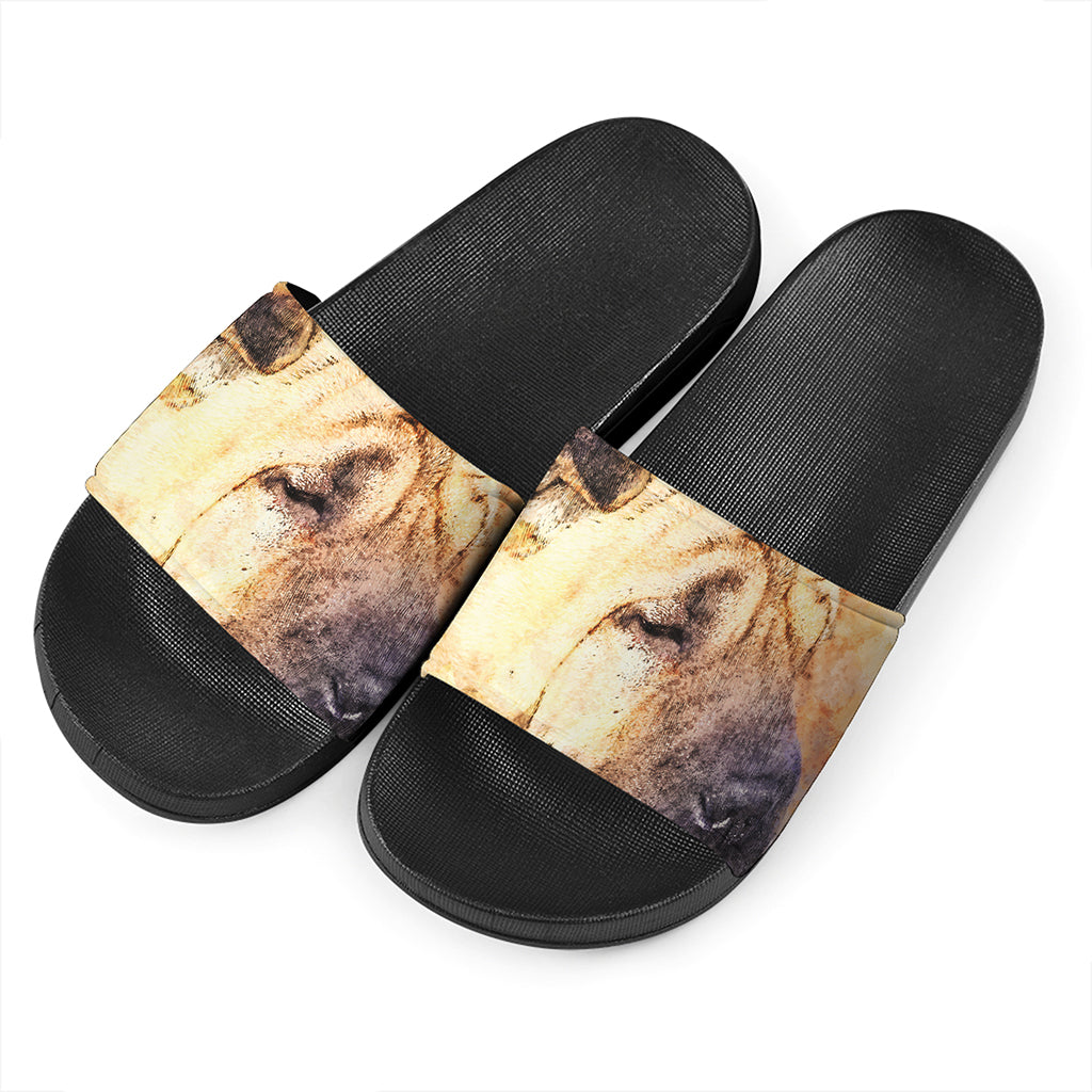 Shar Pei Portrait Print Black Slide Sandals