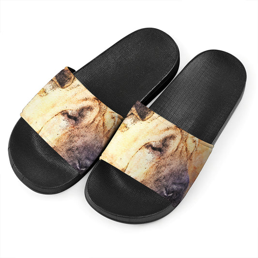 Shar Pei Portrait Print Black Slide Sandals