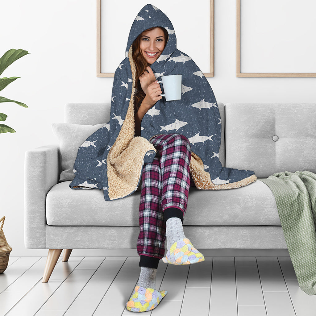 Shark Fish Pattern Print Hooded Blanket