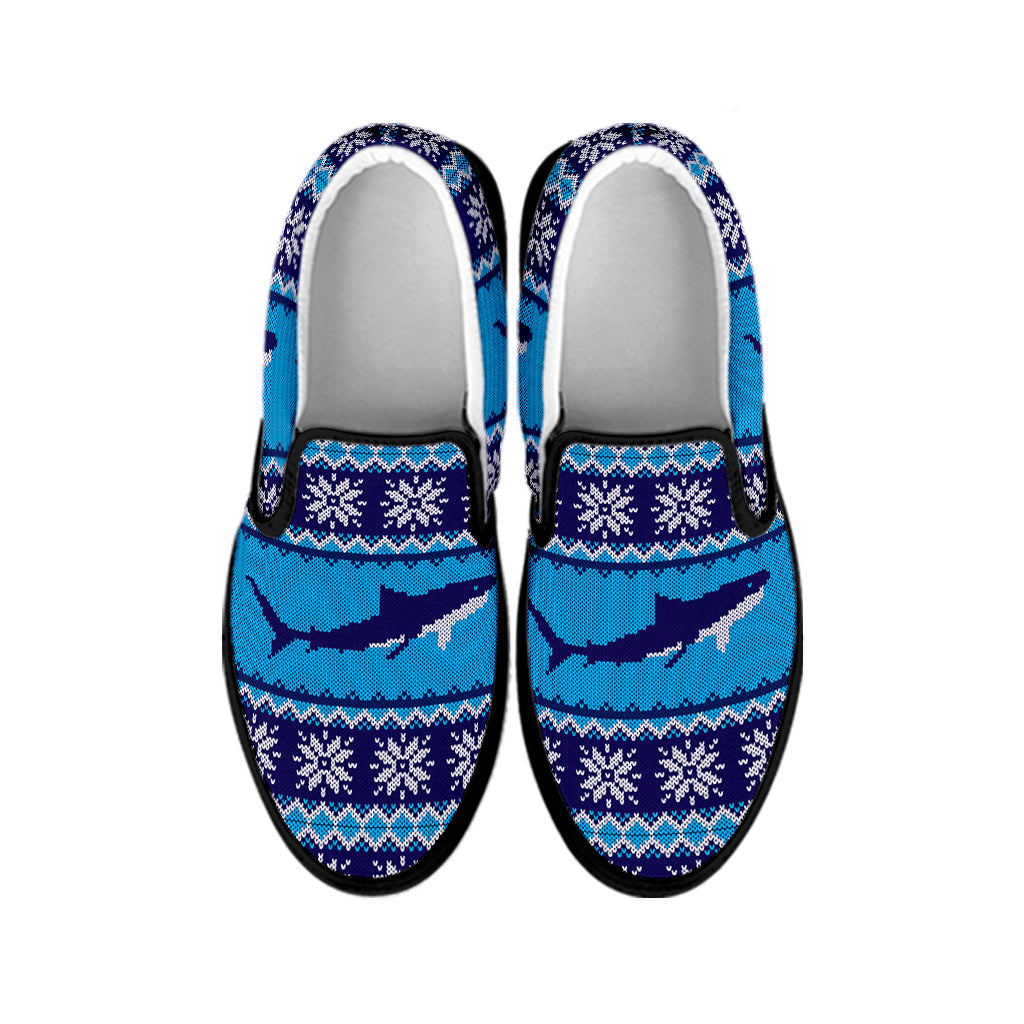 Shark Knitted Pattern Print Black Slip On Shoes