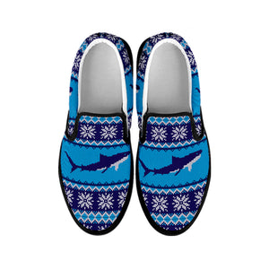 Shark Knitted Pattern Print Black Slip On Shoes