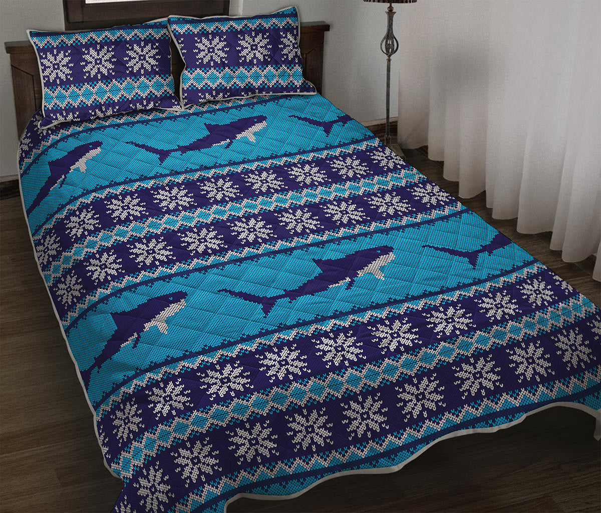 Shark Knitted Pattern Print Quilt Bed Set