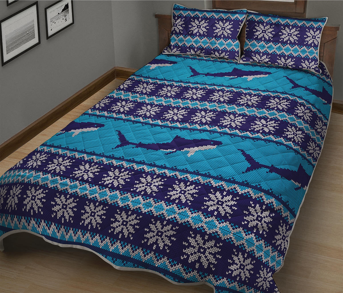 Shark Knitted Pattern Print Quilt Bed Set