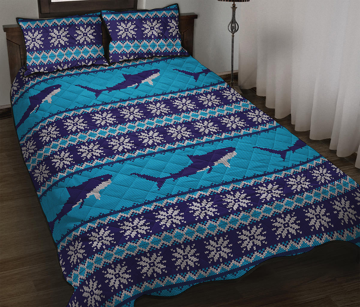 Shark Knitted Pattern Print Quilt Bed Set