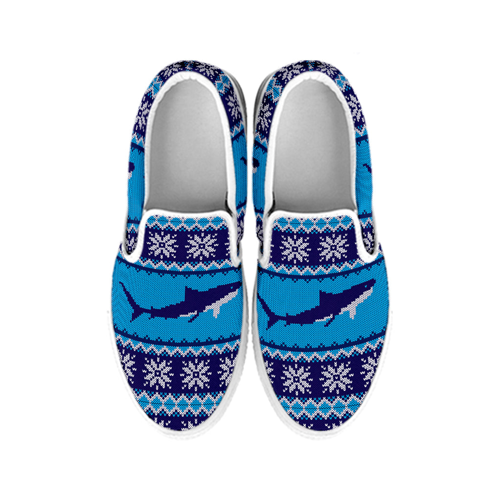 Shark Knitted Pattern Print White Slip On Shoes