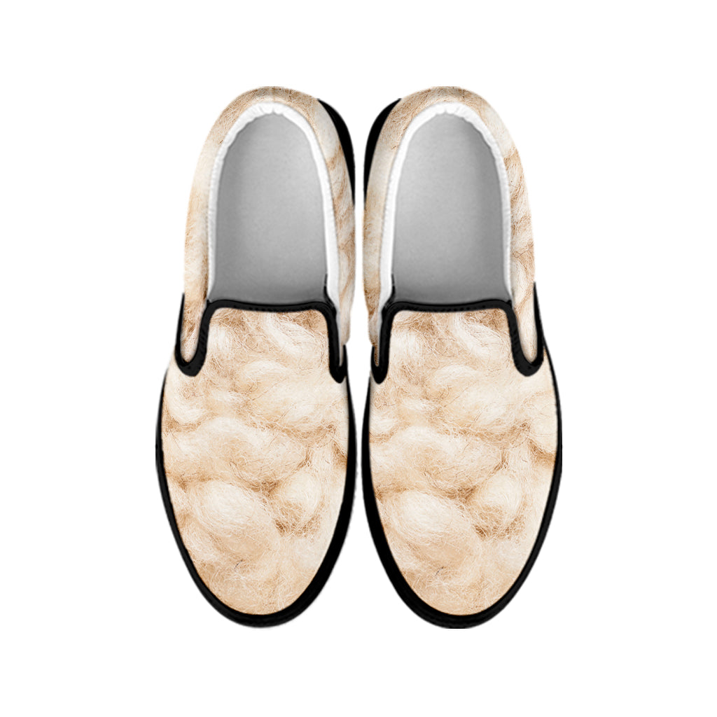 Sheep Fur Texture Print Black Slip On Shoes