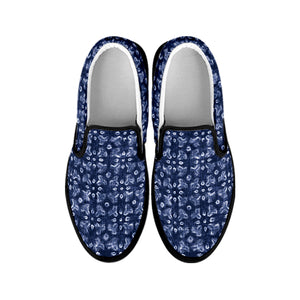 Shibori Floral Pattern Print Black Slip On Shoes