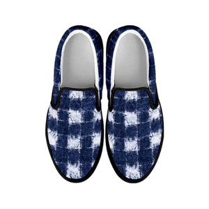 Shibori Grid Pattern Print Black Slip On Shoes