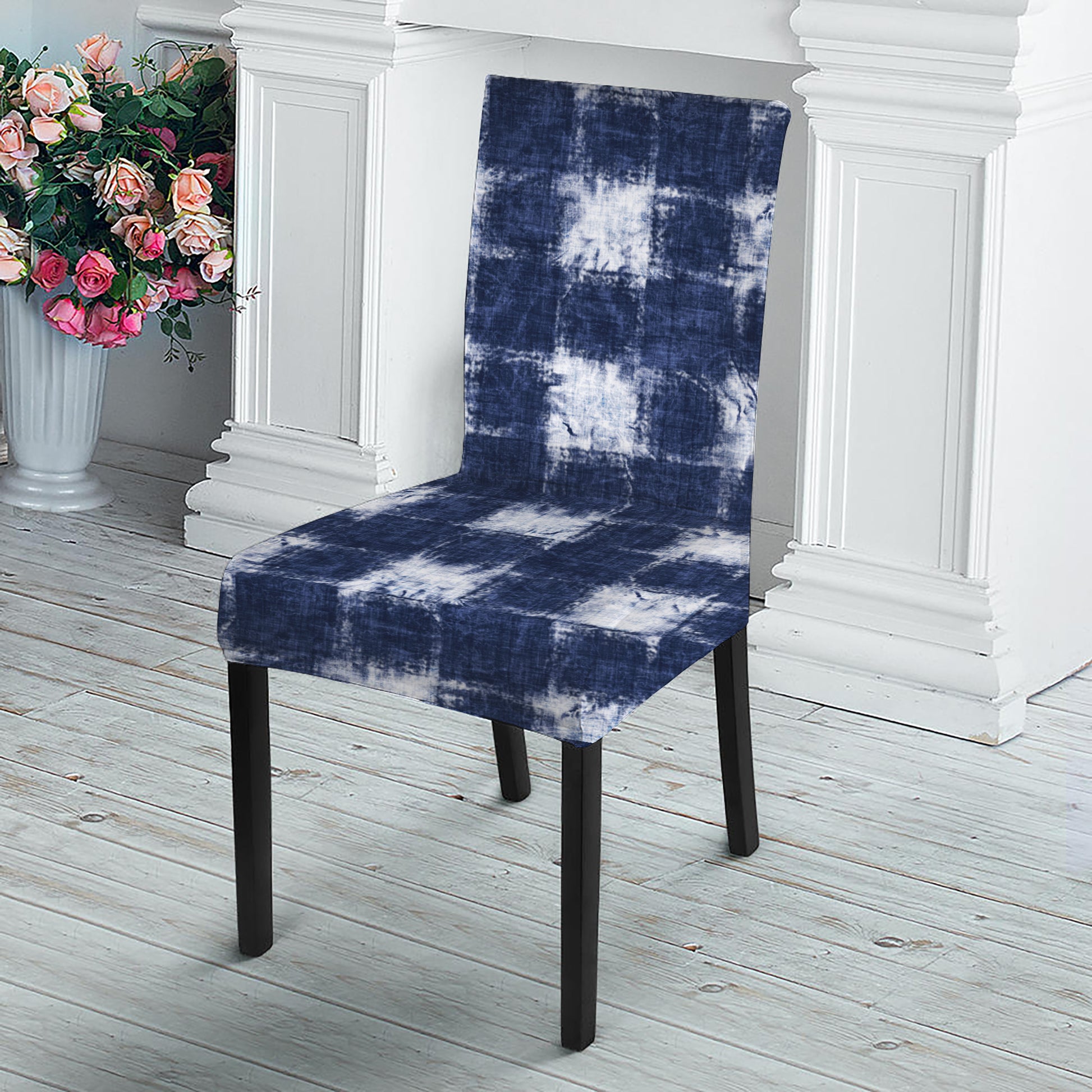 Shibori Grid Pattern Print Dining Chair Slipcover