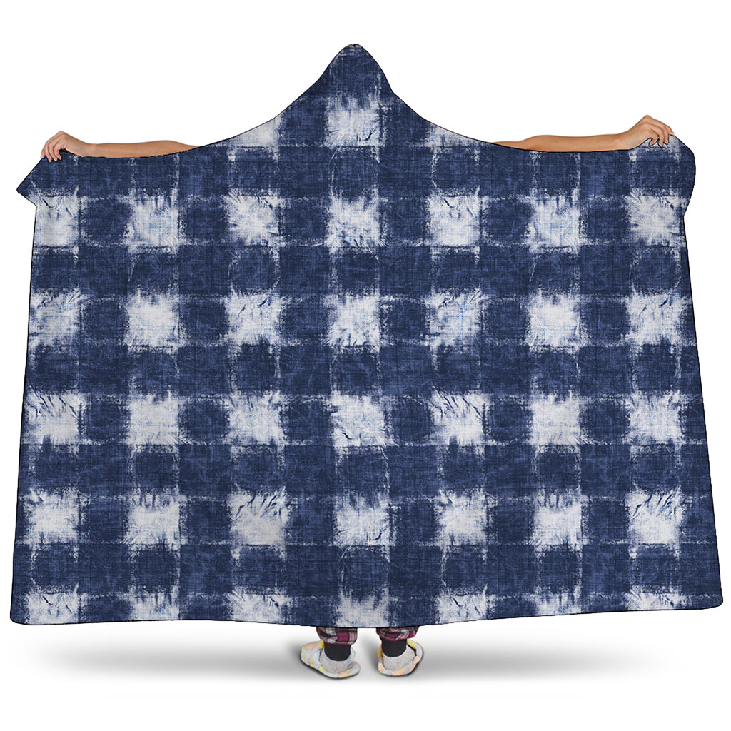 Shibori Grid Pattern Print Hooded Blanket